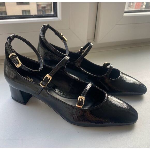 ZARA Faux Patent Mary Jane Heels NWT | Black Buckle Strap - Picture 3 of 16